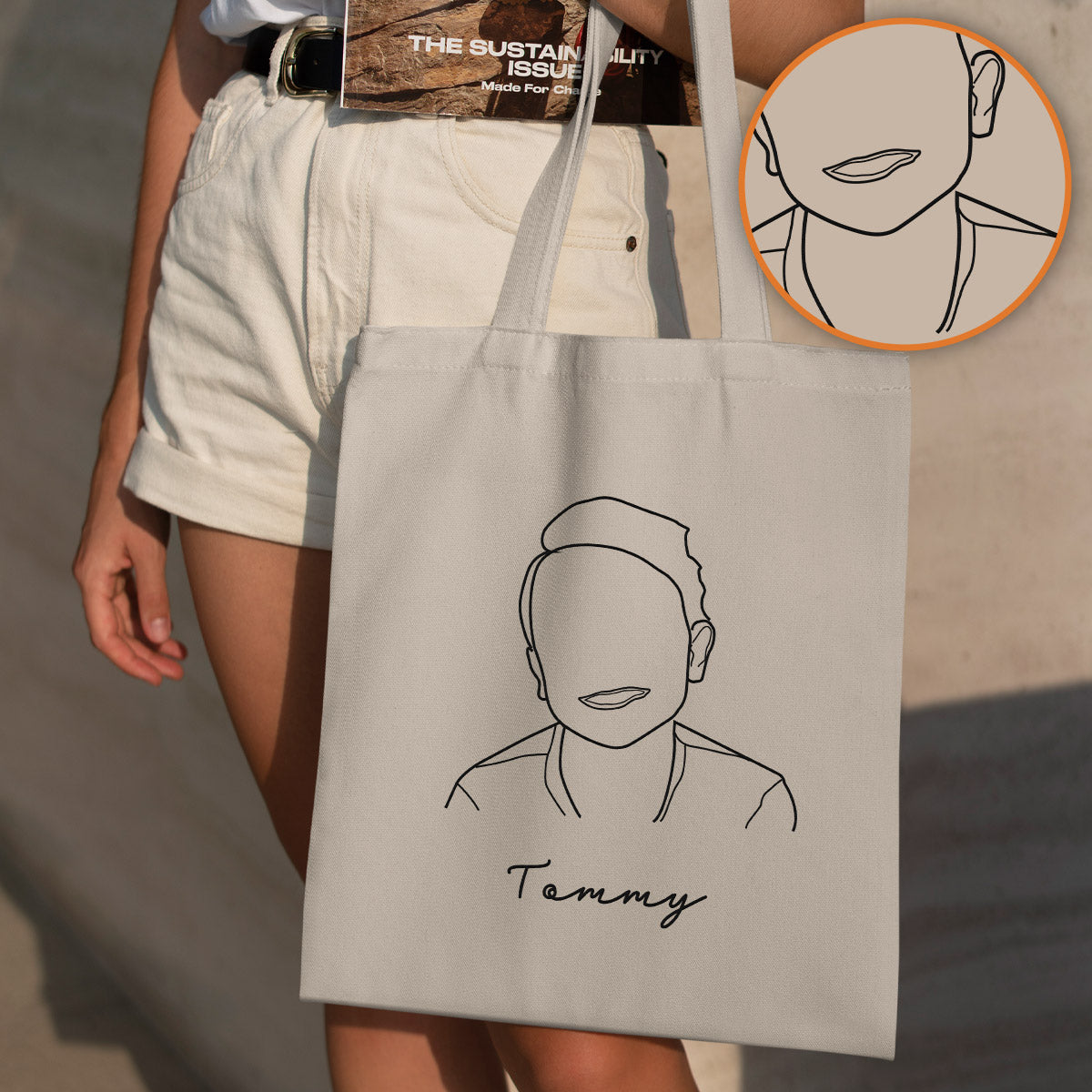 Custom Photo Line Art - Personalized Kid Embroidered Tote Bag