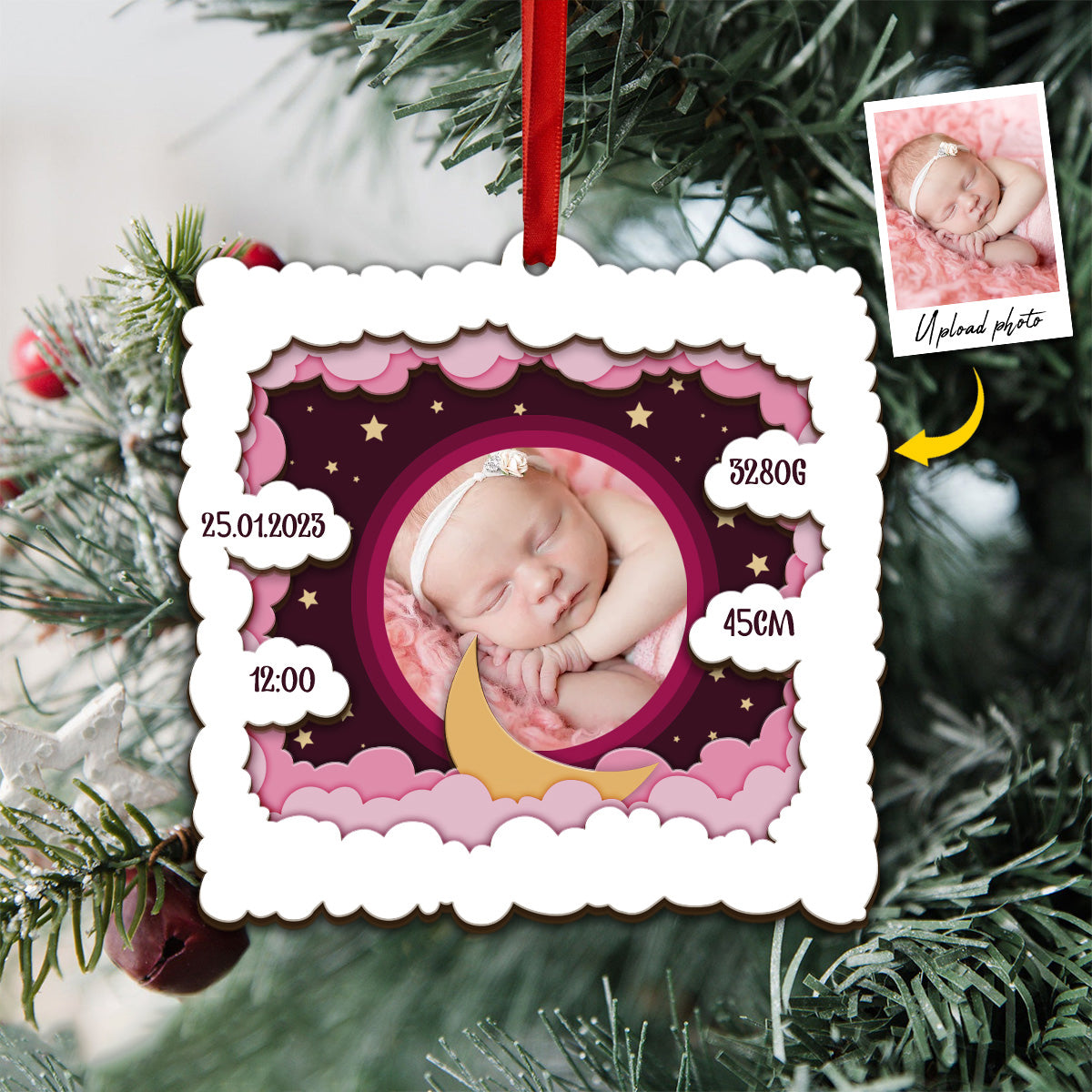 Personalisiertes Babyfoto – Geschenk zur Geburt – Personalisierter dreilagiger Holzschmuck