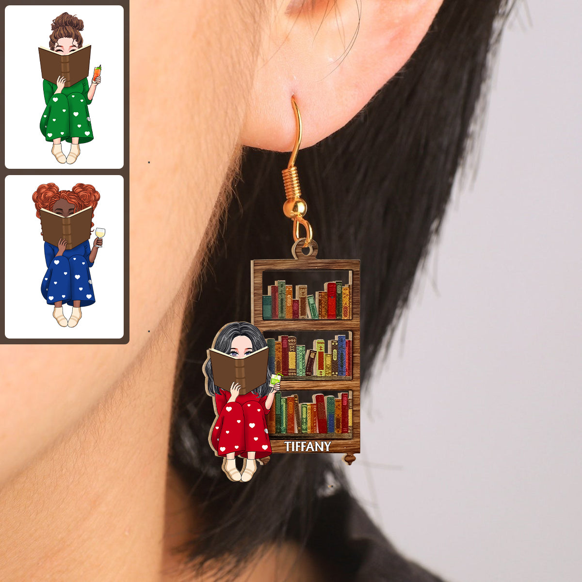 Custom Portrait Earrings For Book Lovers - Personalized Book Wooden Earrings