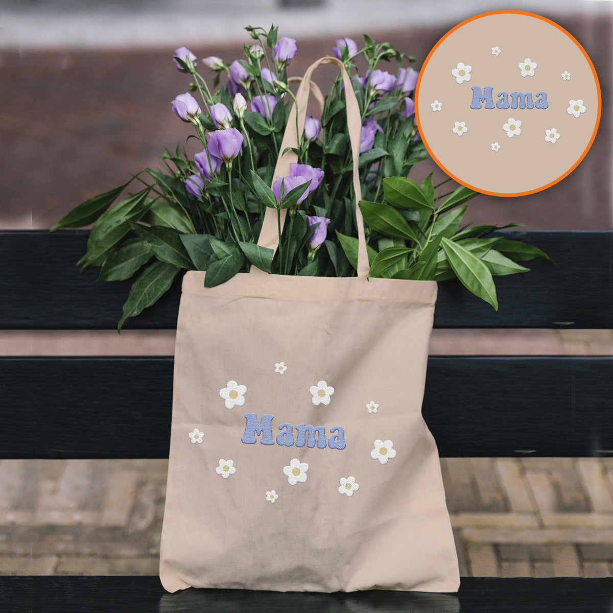 Personalisierte Tragetasche mit Namensaufdruck und Blume – bestickt für Stiefmütter