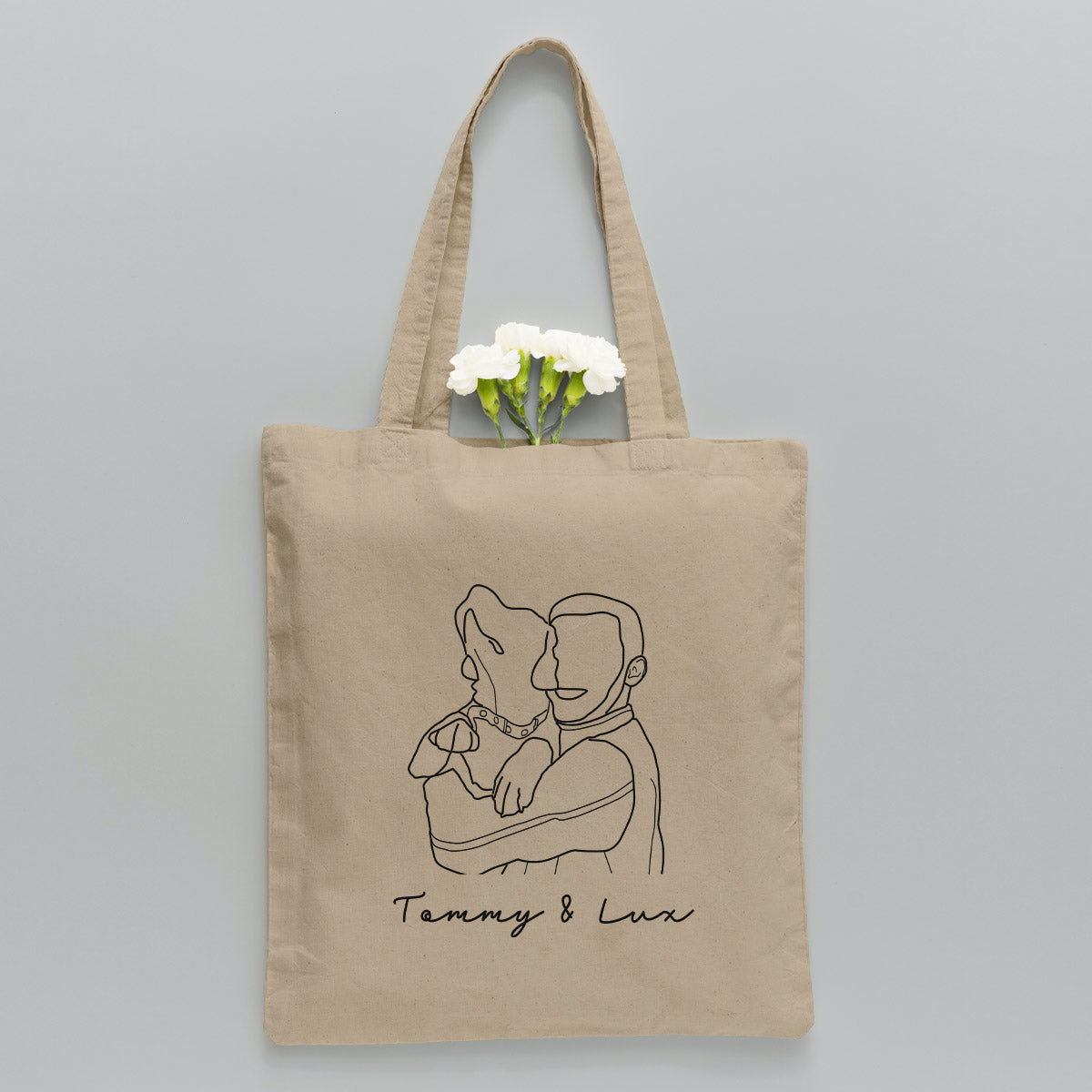 Individuelle Foto-Strichzeichnung – Personalisierte Tragetasche mit Hundestickerei