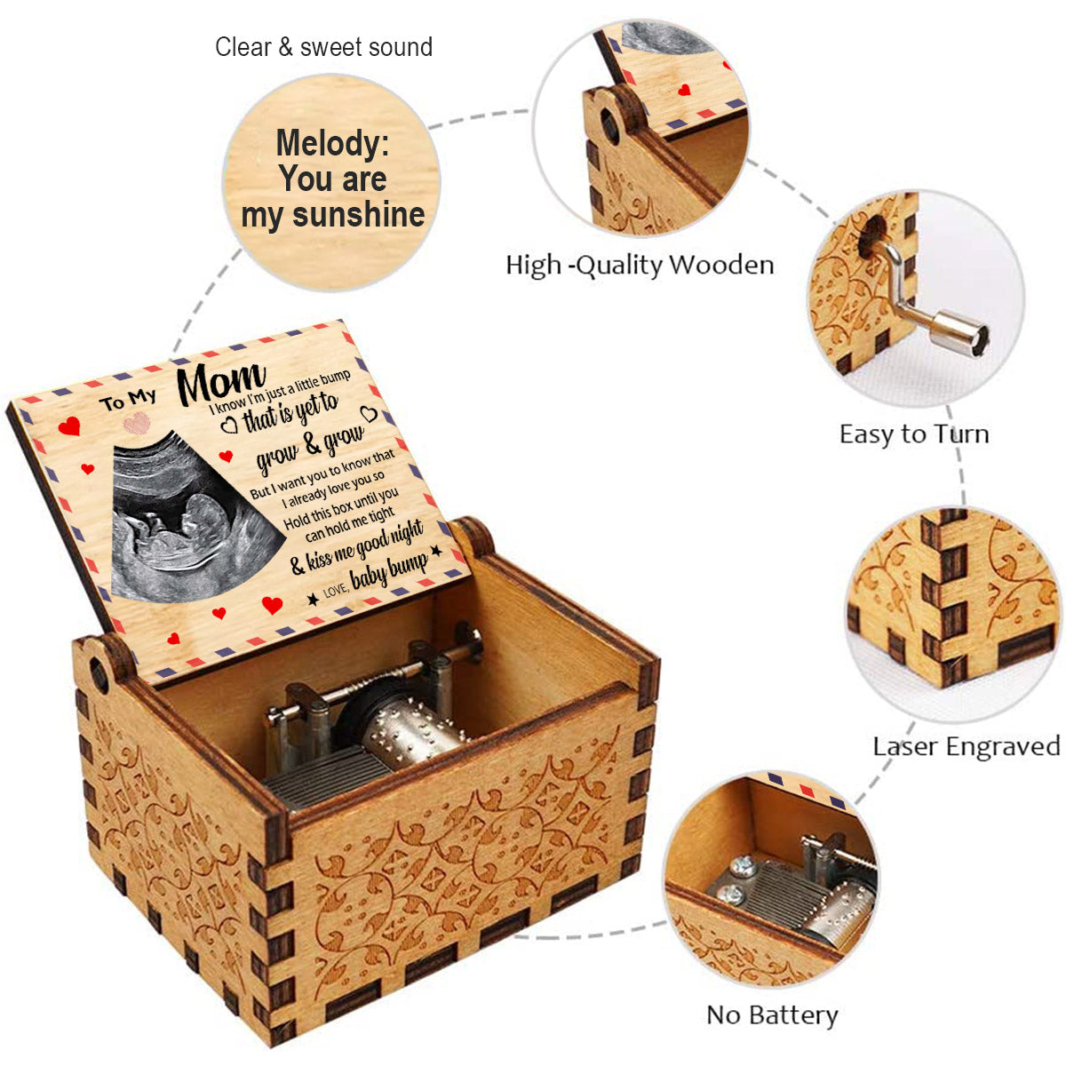 À maman / papa / grand-mère / grand-père / frère / sœur - Boîte à musique personnalisée avec photo d'échographie de bébé