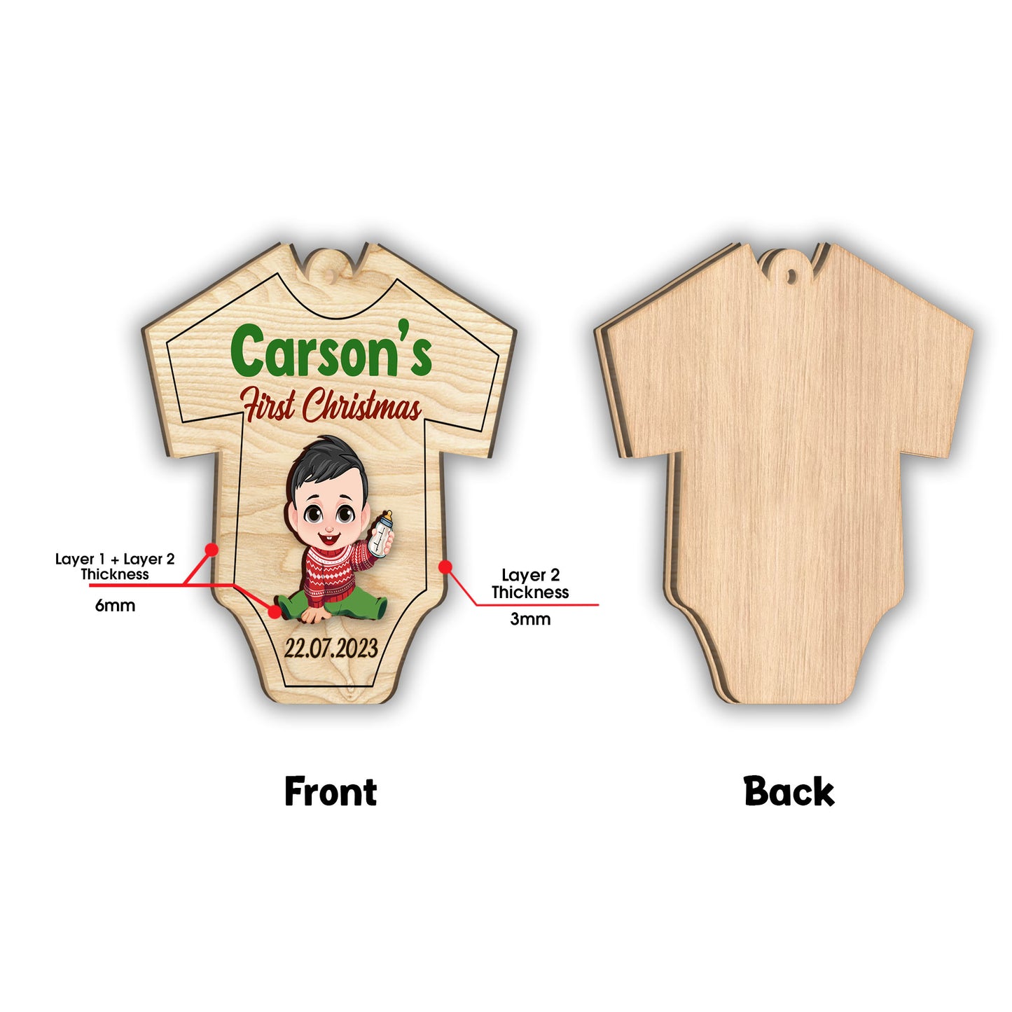 Das erste Weihnachten – Personalisierter zweilagiger Weihnachtsschmuck für Neugeborene