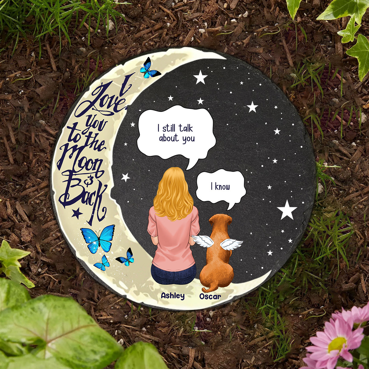Je t'aime jusqu'à la lune et retour - Pierre ronde personnalisée pour chien