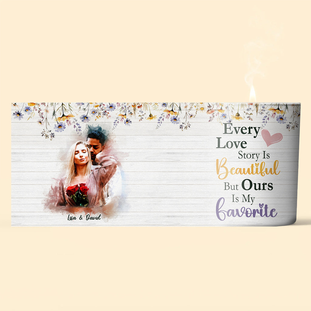 Every Love Story Is Beautiful - Personalized Couple Candle With Wooden Lid