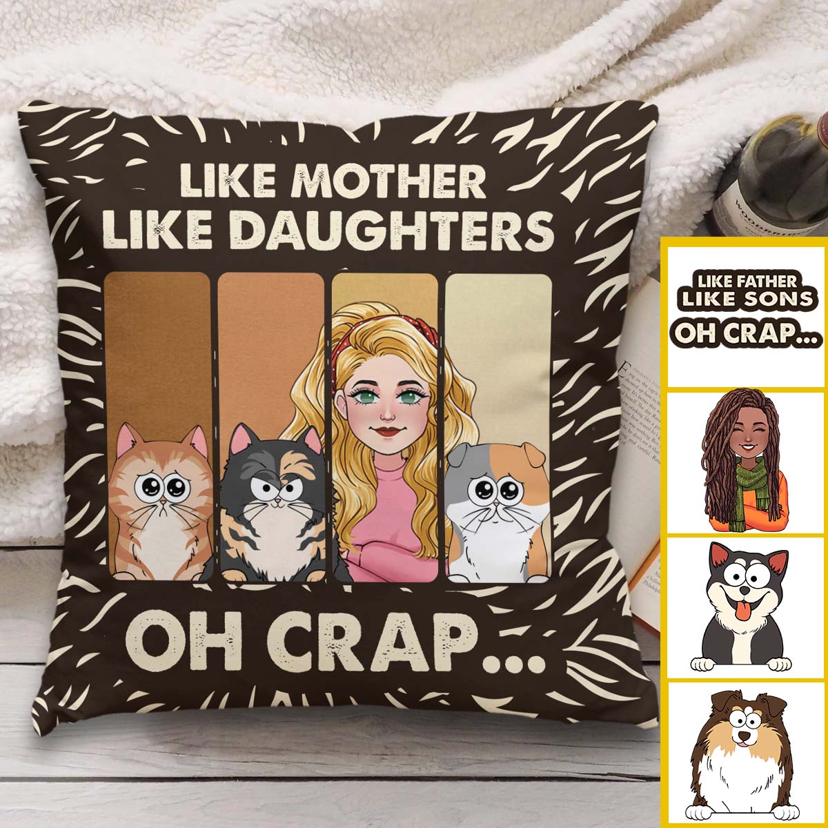 Tel père, telle fille, tel fils - Coussin décoratif personnalisé pour amoureux des animaux (chats, chiens)