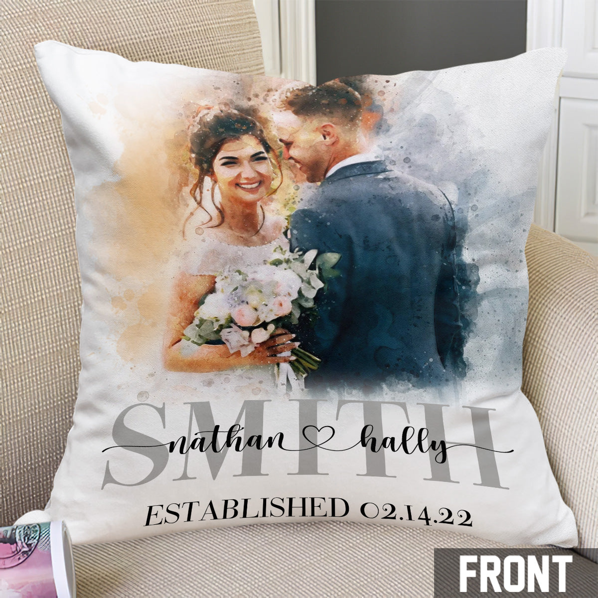 Coussin décoratif de mariage personnalisé avec aquarelle - Cadeau de mariage personnalisé