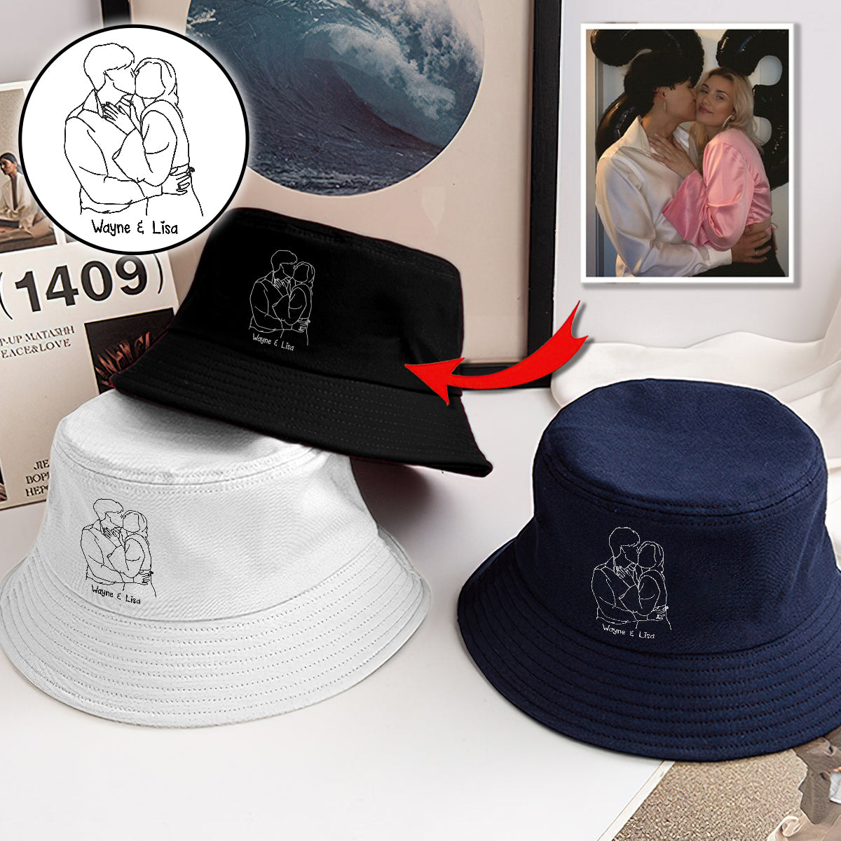 Custom Photo - Personalized Couple Embroidered Bucket Hat