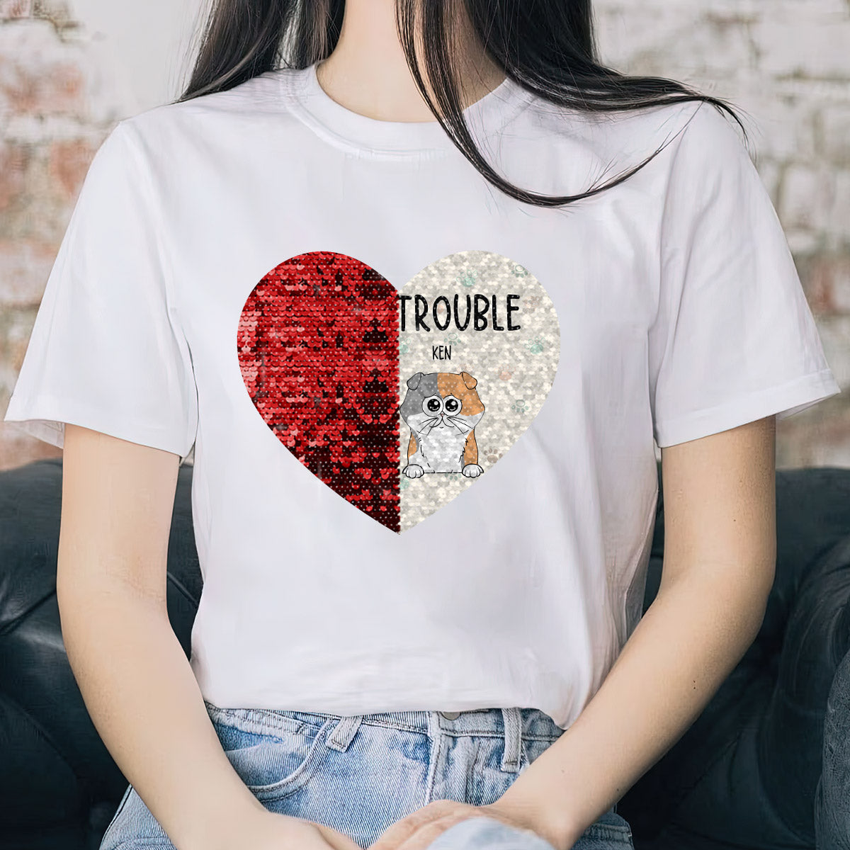 Double Trouble - Gift for dog lovers - Personalized Sequin T-shirt