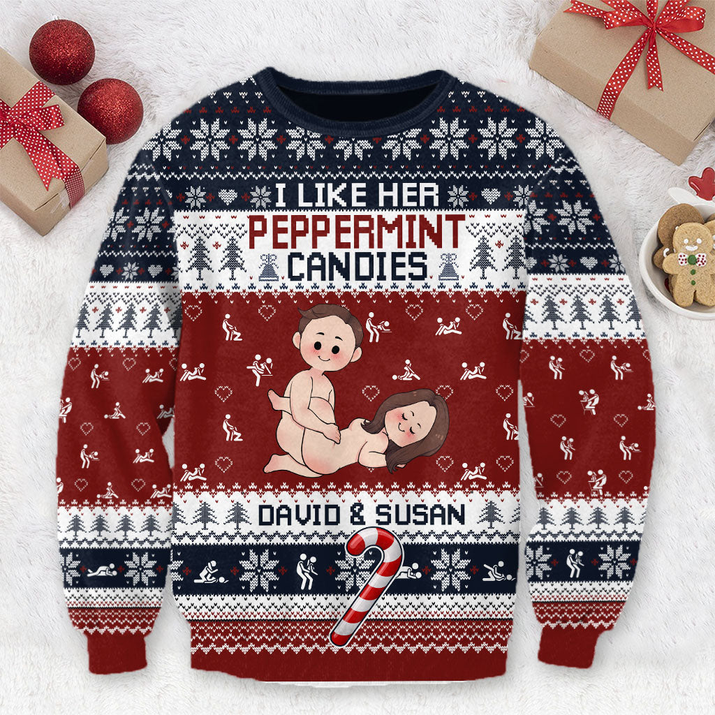 I Like Her Peppermint Candies His Candy Cane - Personalized Couple Ugly Sweater