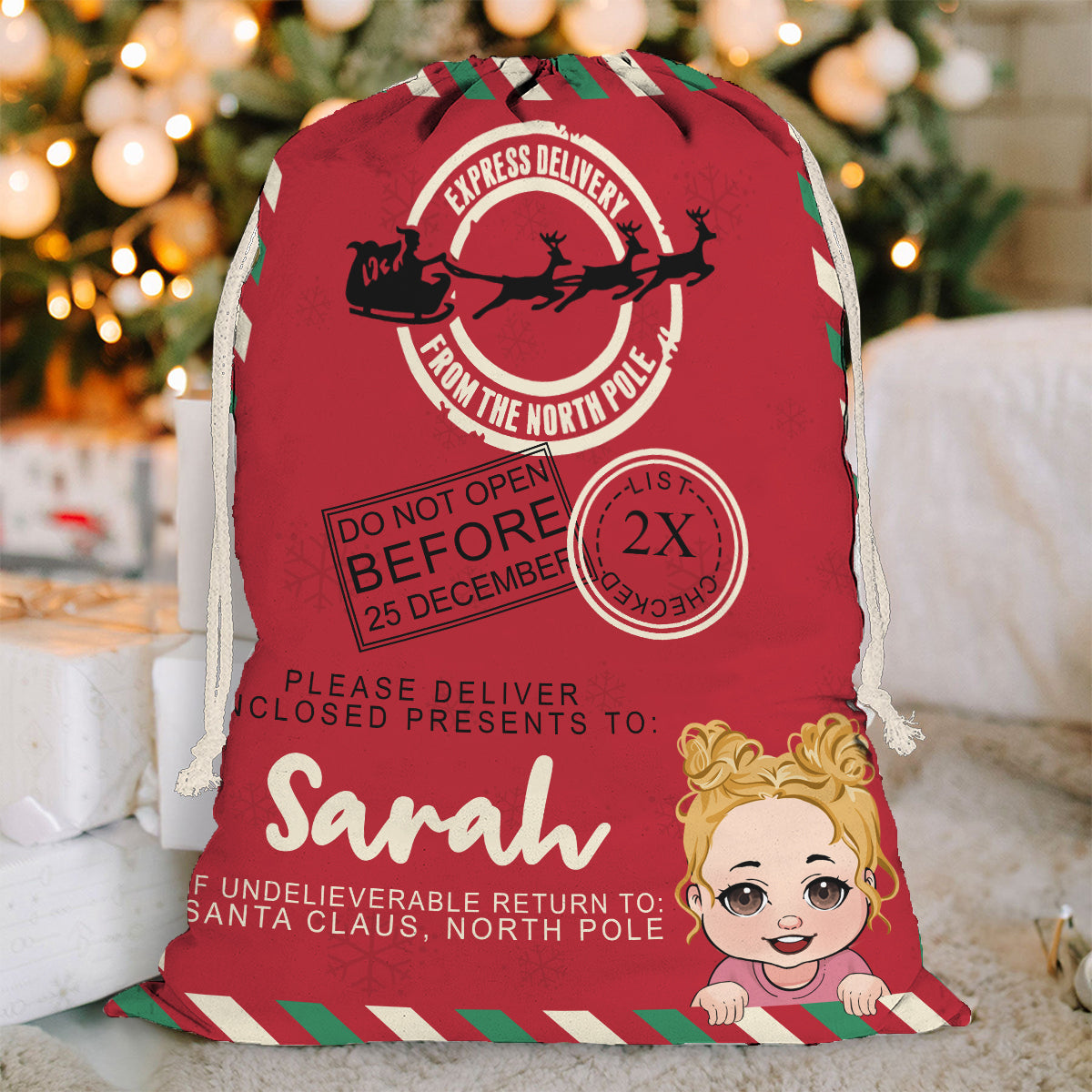 North Pole Express Santa Delivery Sack - Personalized Family Drawstring Tote Bag