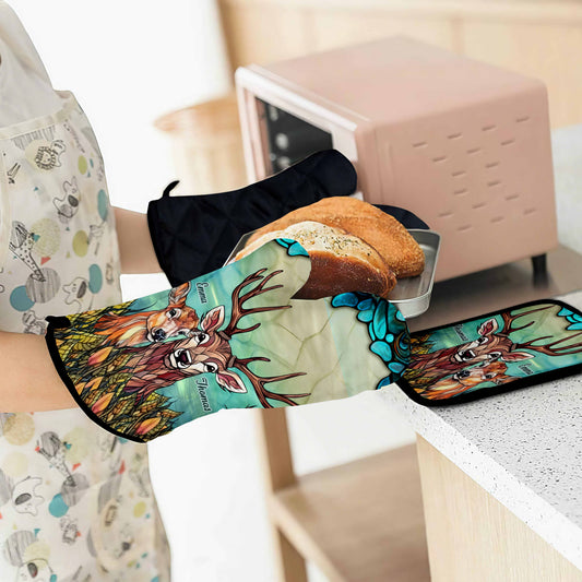 „Du und ich, wir schaffen das“ – personalisiertes Set aus Ofenhandschuhen und Topflappen für die Jagd