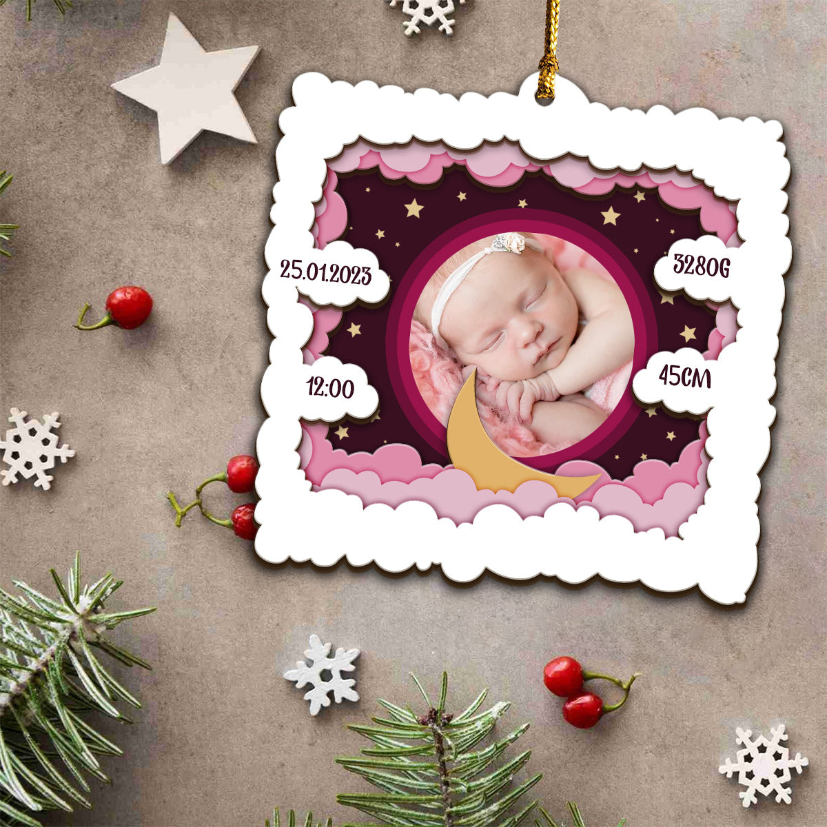 Personalisiertes Babyfoto – Geschenk zur Geburt – Personalisierter dreilagiger Holzschmuck