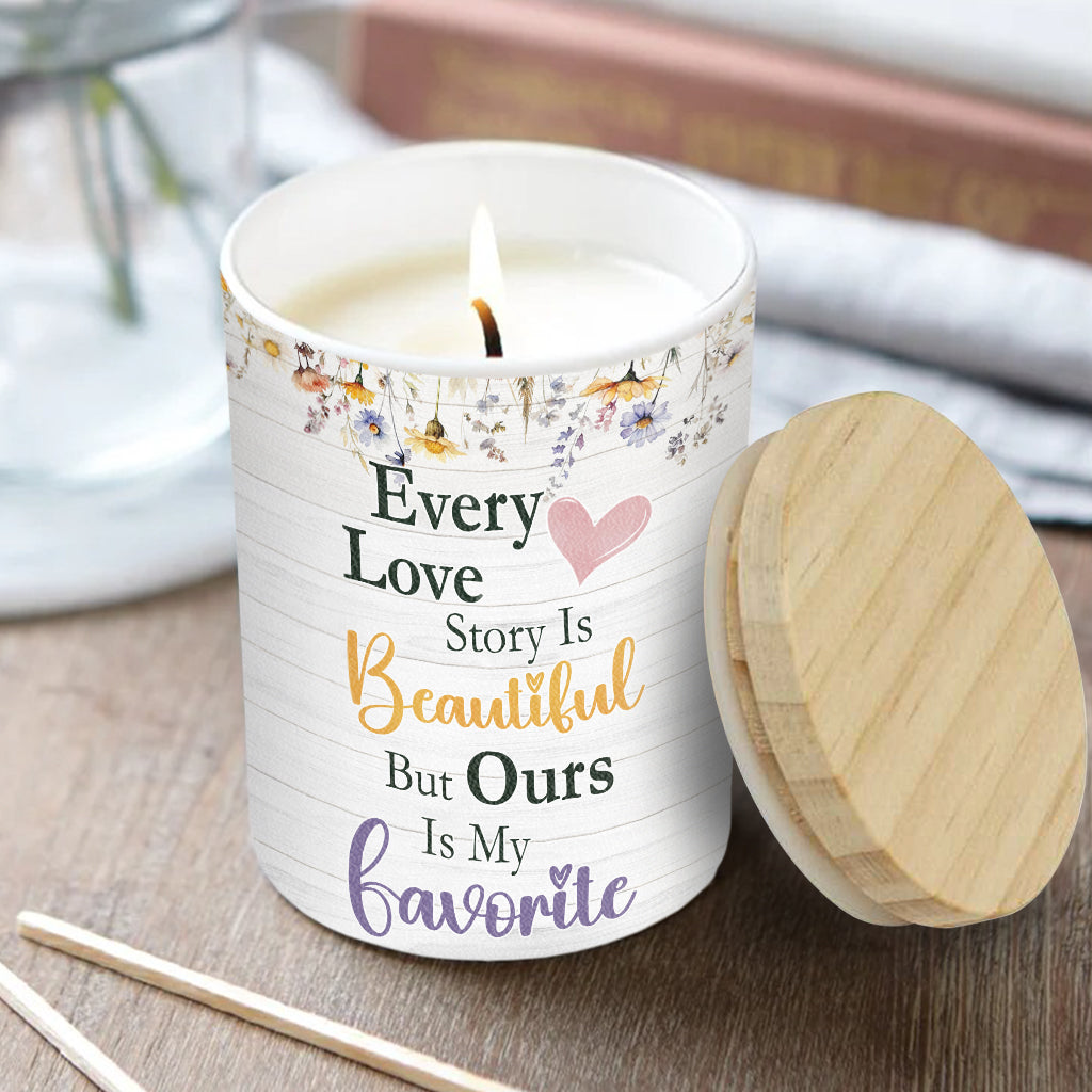 Every Love Story Is Beautiful - Personalized Couple Candle With Wooden Lid