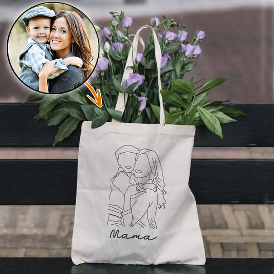 Custom Photo Line Art - Personalized Mother Embroidered Tote Bag