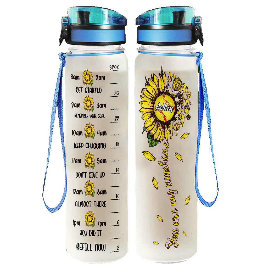 You Are My Sunshine Softball - Gourde personnalisée avec suivi d'hydratation pour le softball