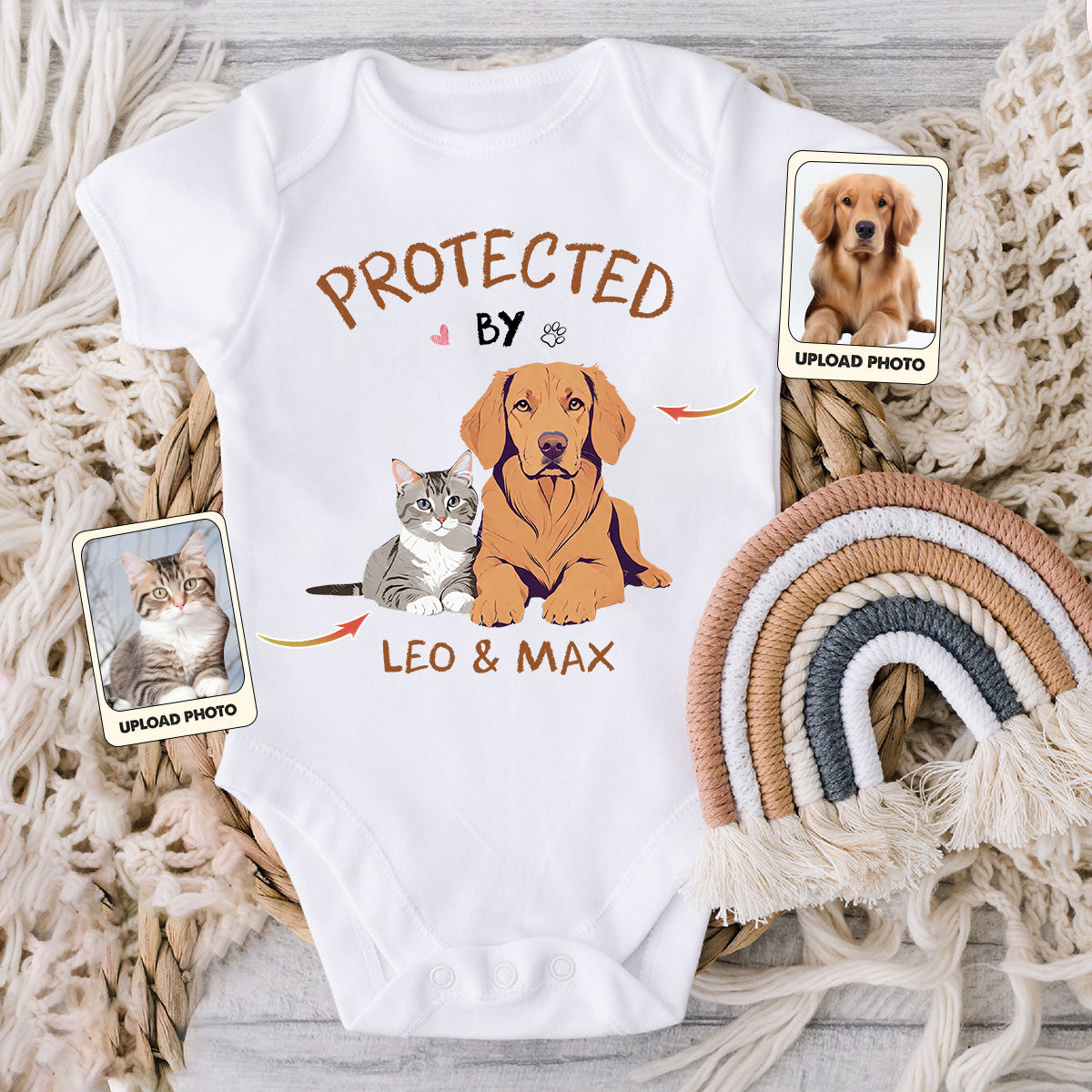 Individuell gestaltetes Haustierfoto im Cartoon-Stil – Geschenk für Neugeborene – Personalisierter Babybody