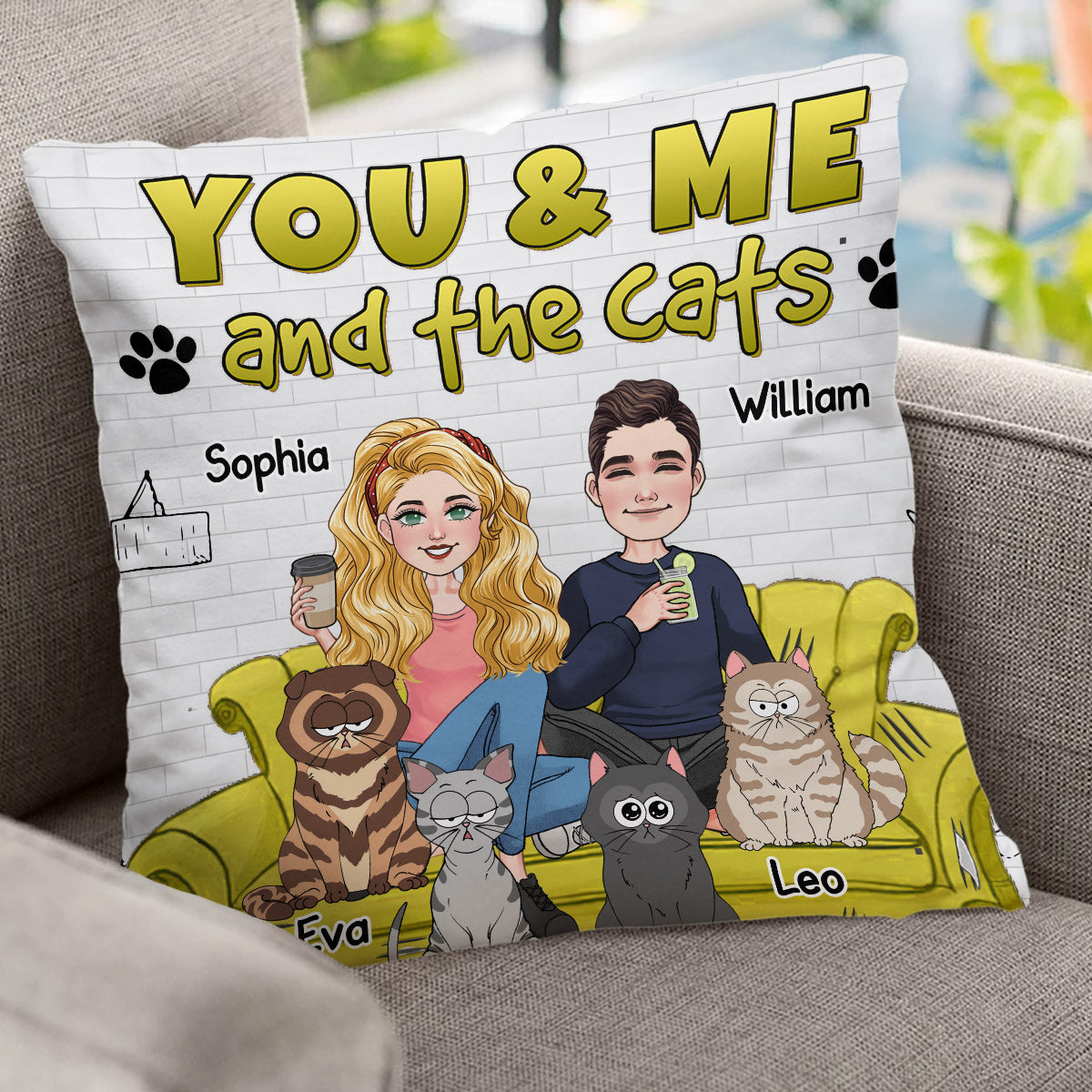 Coussin décoratif personnalisé pour chats « Toi, moi et les chats »