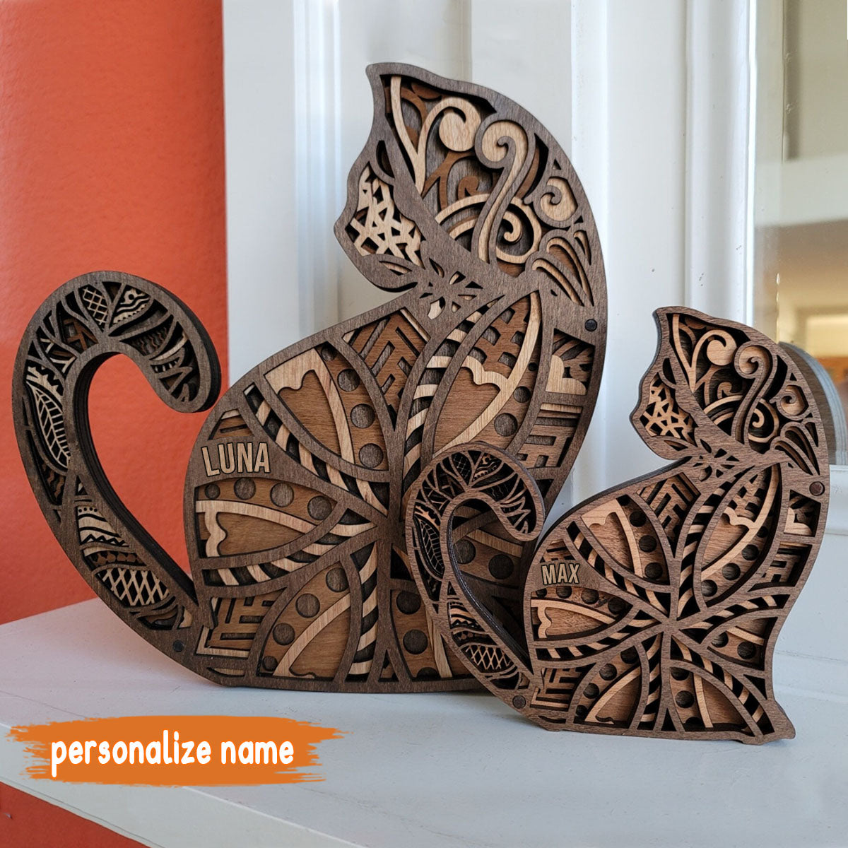 Personalisierte, handgefertigte Katzenskulptur aus Holz – Personalisierte Katzenskulptur aus 4 Schichten