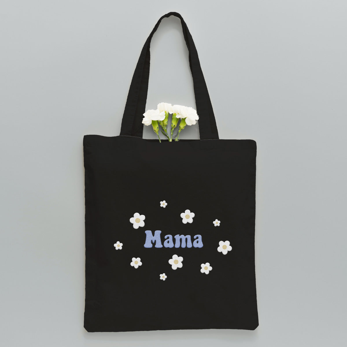 Personalisierte Tragetasche mit Namensaufdruck und Blume – bestickt für Stiefmütter