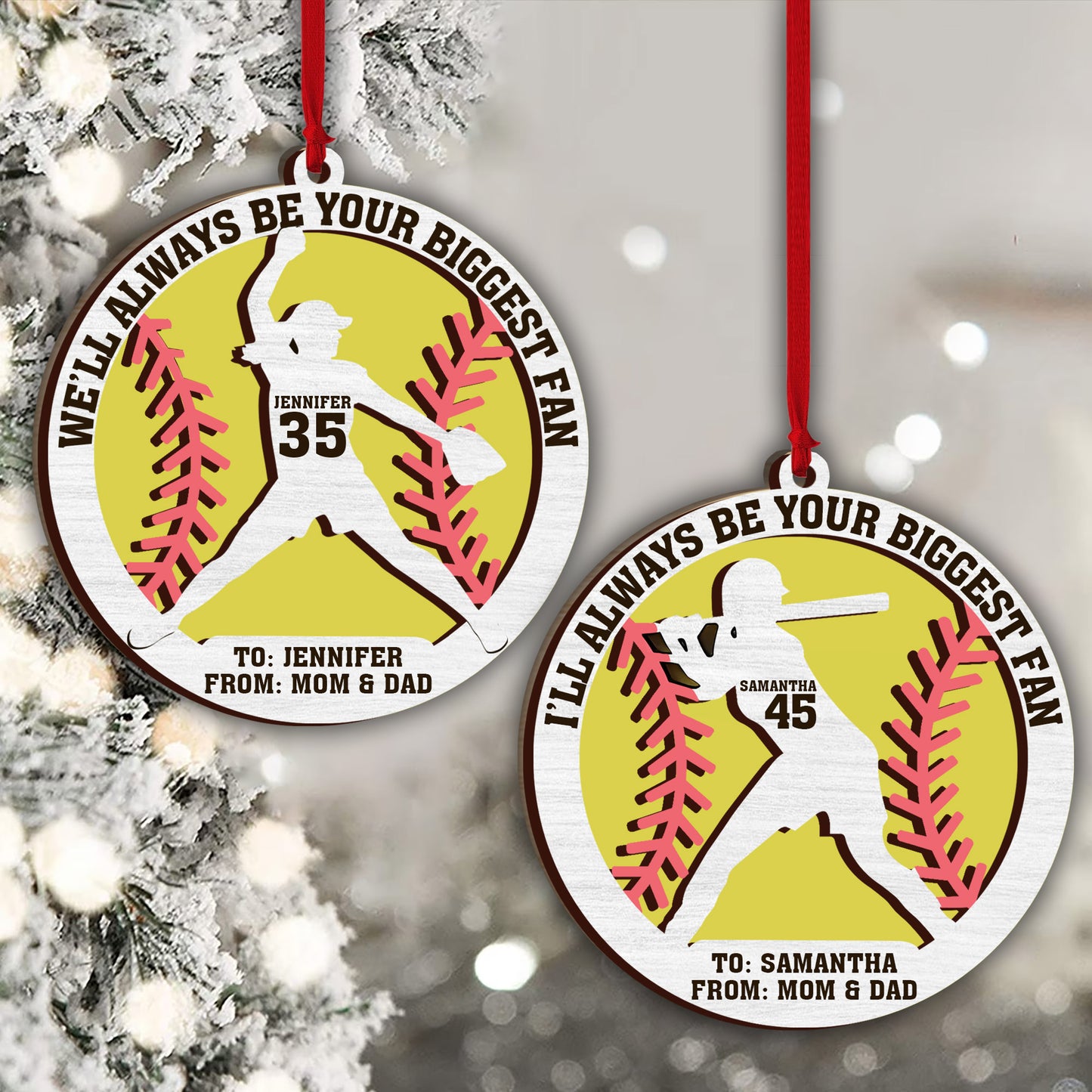 Ich werde immer dein größter Fan sein – Personalisierter Softball-Weihnachtsbaumschmuck, zweilagig