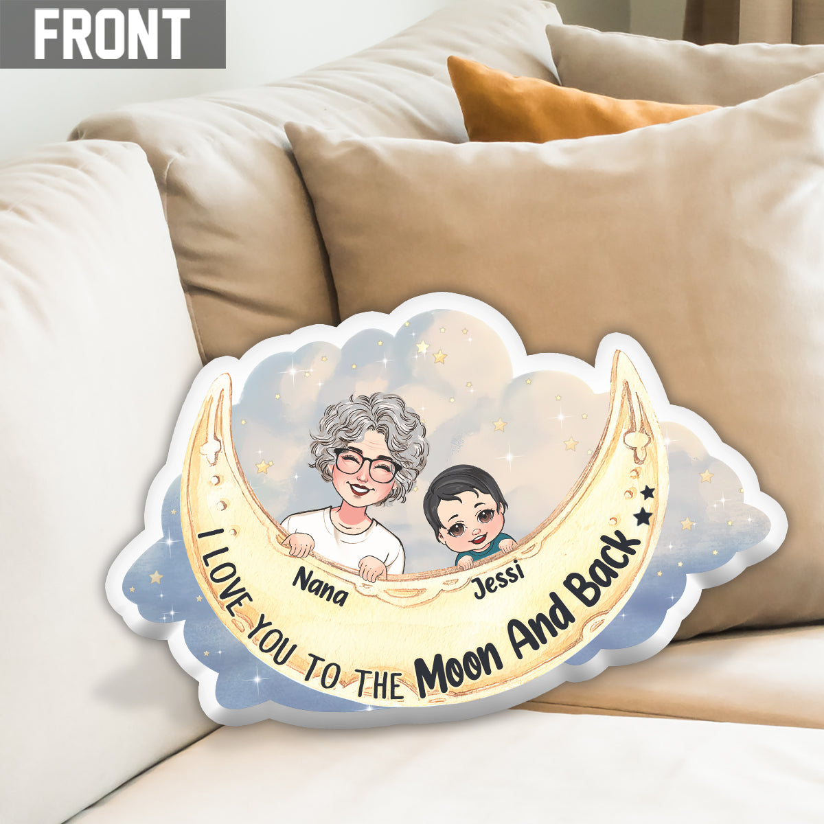 Ich liebe dich bis zum Mond und zurück – personalisiertes Kissen in Oma-Form