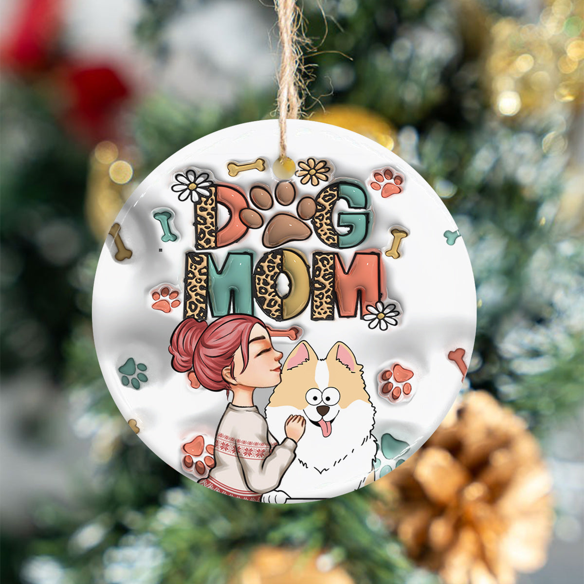 Dog Mom Cat Mom Inflated - Gift for dog lovers, cat lover - Personalized Ceramic Circle Ornament