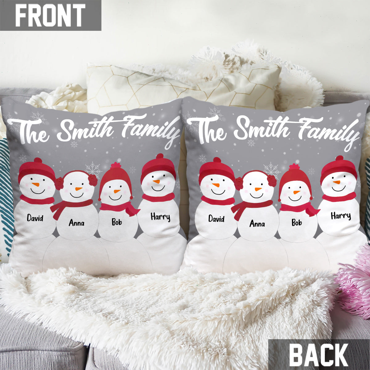 Snowman Family - Personalized Family Throw Pillow