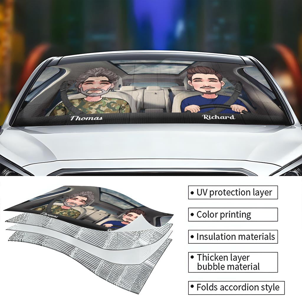 Adventure Awaits - Husband And Wife gift for wife, husband, girlfriend, boyfriend, mom, dad - Personalized Car Sunshade
