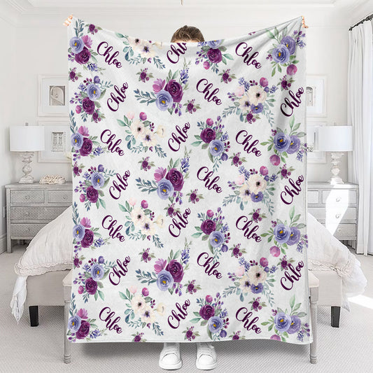 Couverture personnalisée pour chien avec nom de chien et fleurs violettes -