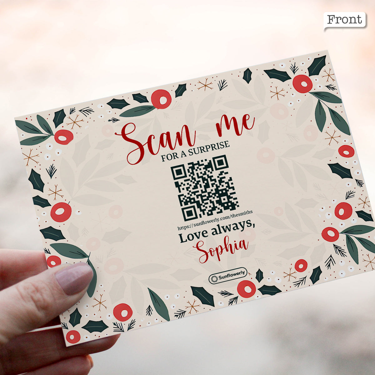 Merry Christmas Leaf & Berries - Personalized QR Greeting Card