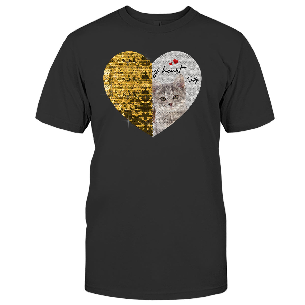 T-shirt à sequins personnalisé avec photo de chien et chat « Pour toujours dans mon cœur » - Cadeau idéal pour les amoureux des chiens et des chats