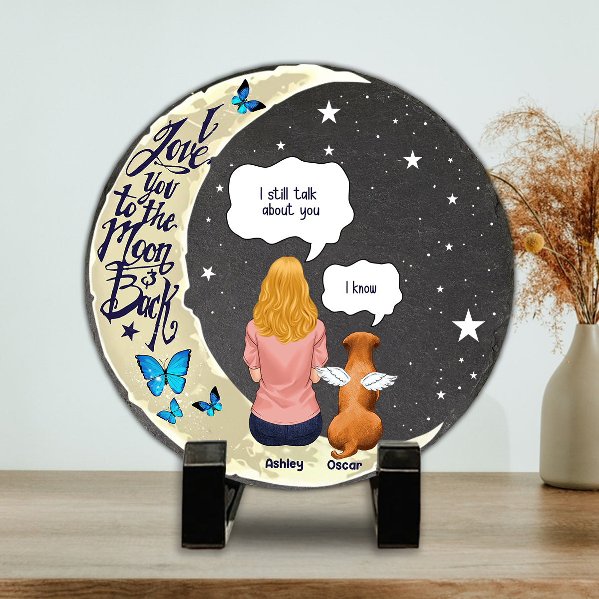 Je t'aime jusqu'à la lune et retour - Pierre ronde personnalisée pour chien