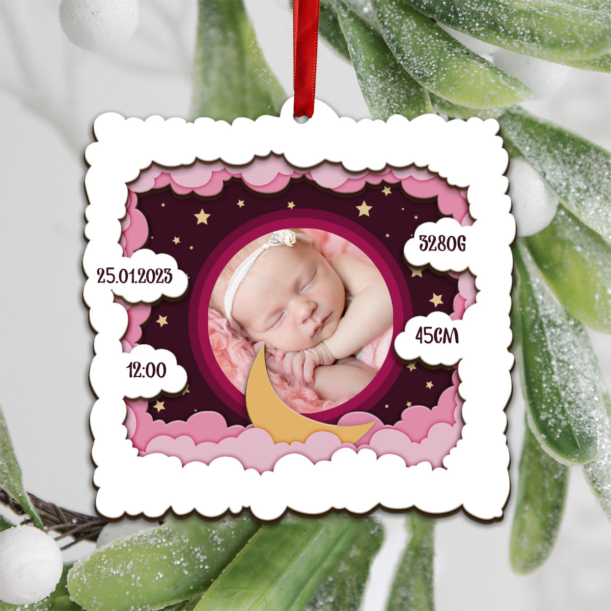 Personalisiertes Babyfoto – Geschenk zur Geburt – Personalisierter dreilagiger Holzschmuck