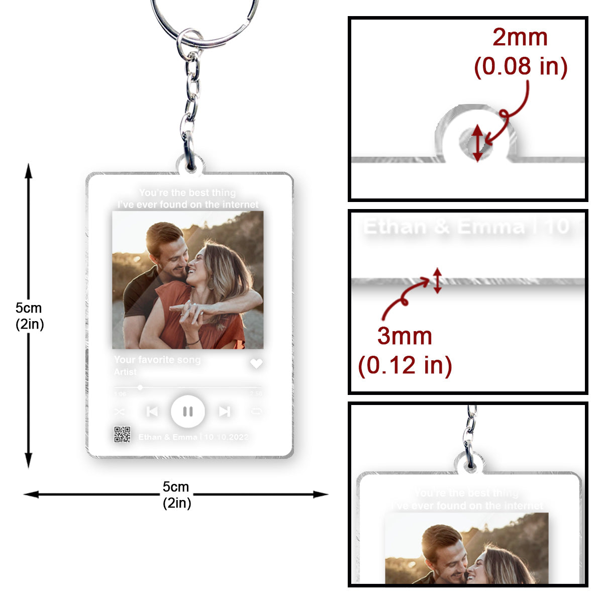 Custom Photo And Favorite Song Scannable QR Code - Personalized Husband And Wife Transparent Keychain