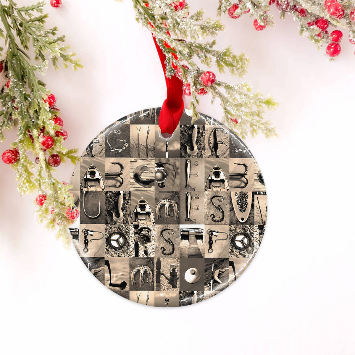 Alphabet de pêche vintage - Ornement rond en céramique personnalisé sur le thème de la pêche