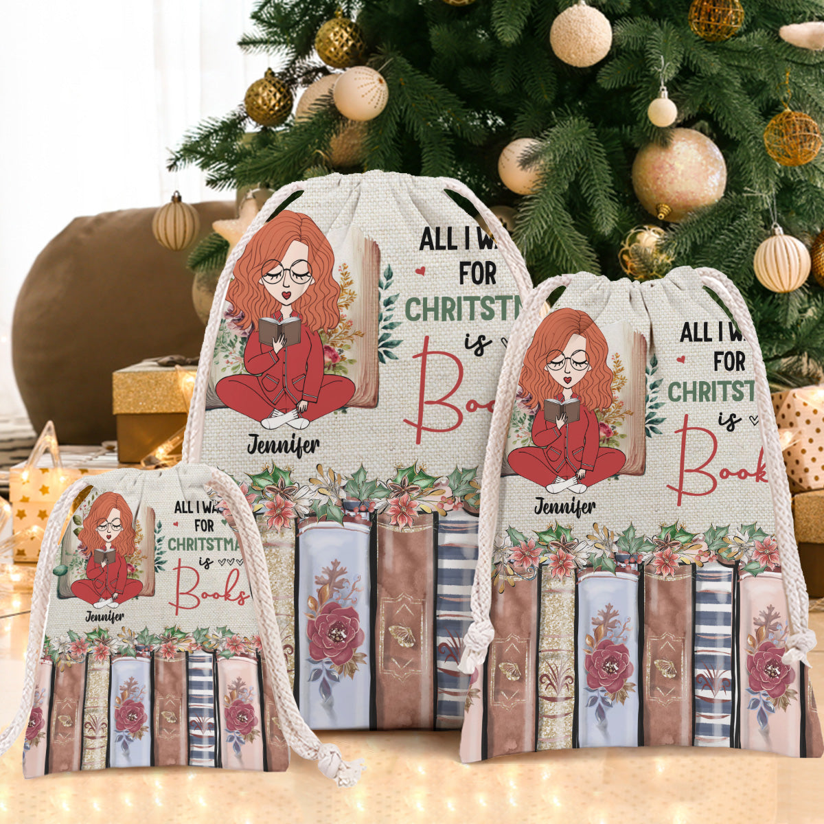 All I Want For Christmas Is Books - Personalized Book Drawstring Tote Bag