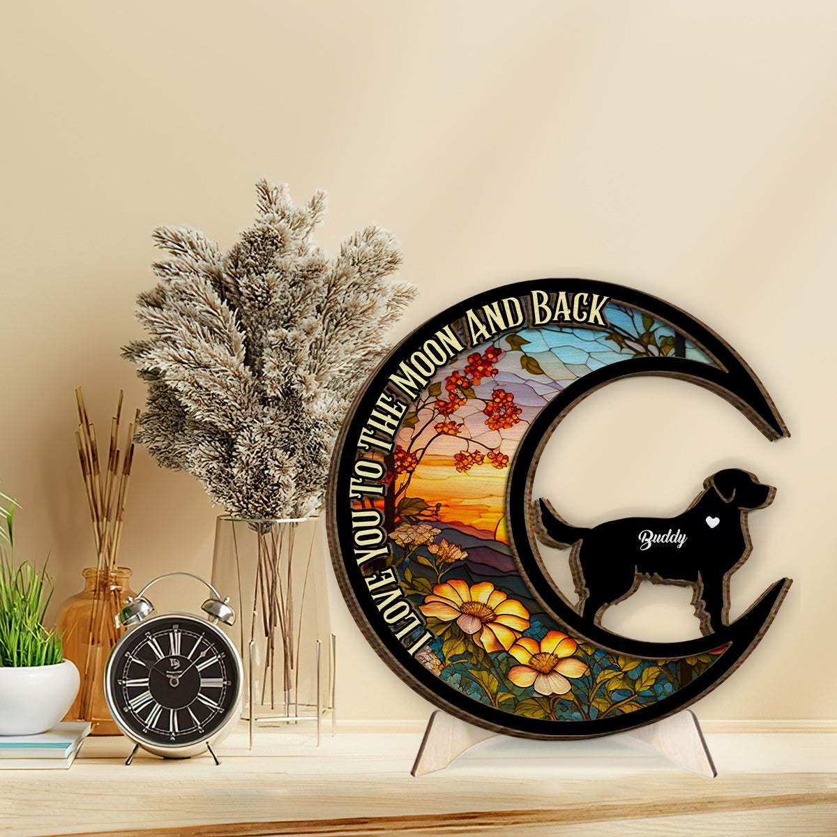 Je t'aime jusqu'à la lune et retour - Cadeau pour les amoureux des chiens - Plaque en bois personnalisée à 2 couches