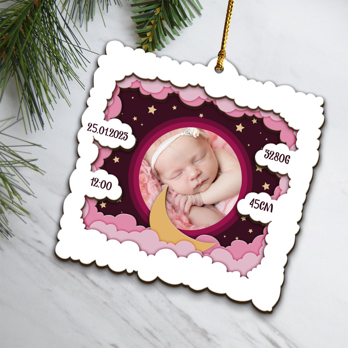 Personalisiertes Babyfoto – Geschenk zur Geburt – Personalisierter dreilagiger Holzschmuck