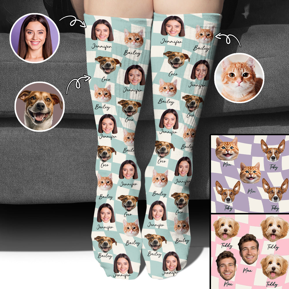 Any Photo Upload On Plaid Pattern With Many Background Color - Personalized Cat Socks