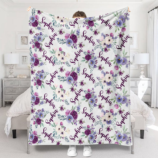 Custom Name Purple Flowers - Personalized Sibling Blanket