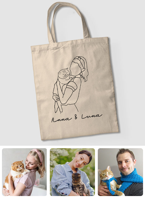 Individuelle Foto-Strichzeichnung – Personalisierte Tragetasche mit Katzenstickerei