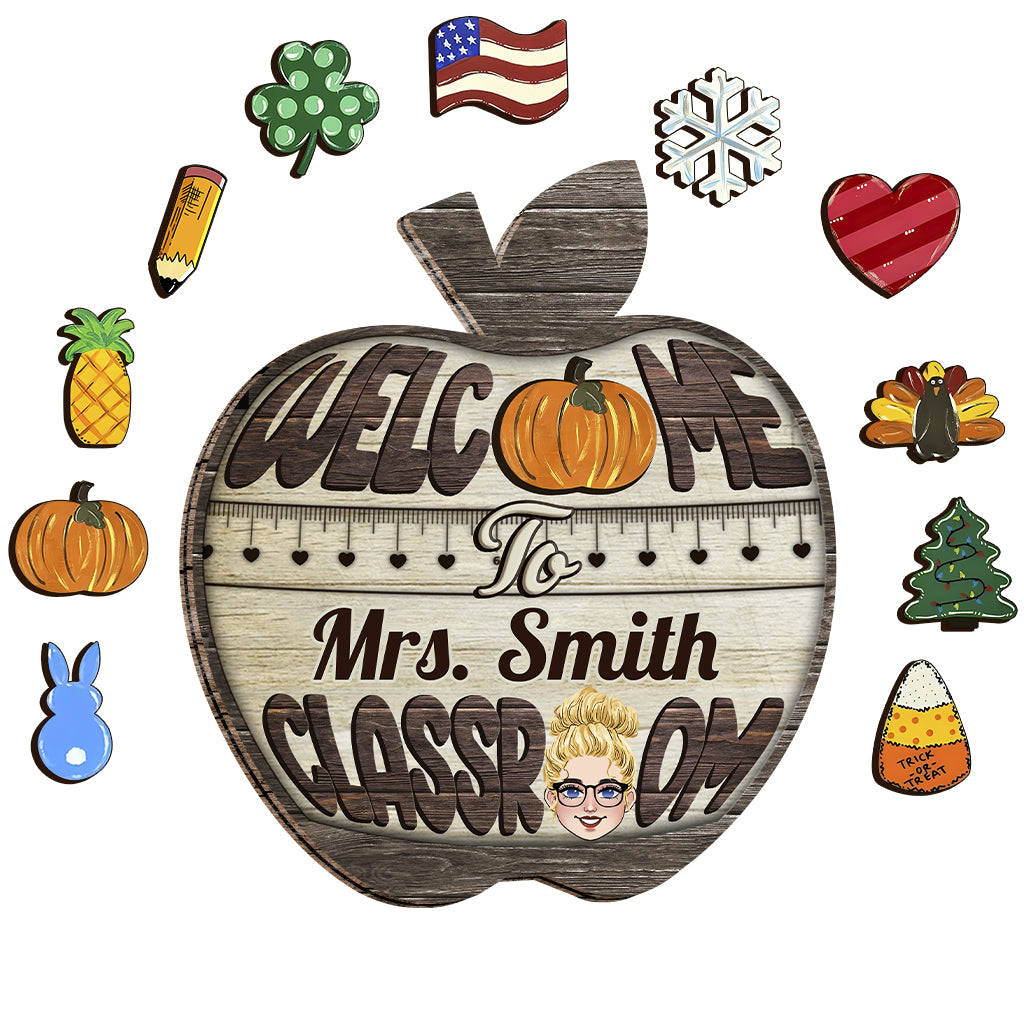 Bienvenue dans ma classe - Panneau en bois interchangeable et personnalisé pour enseignants