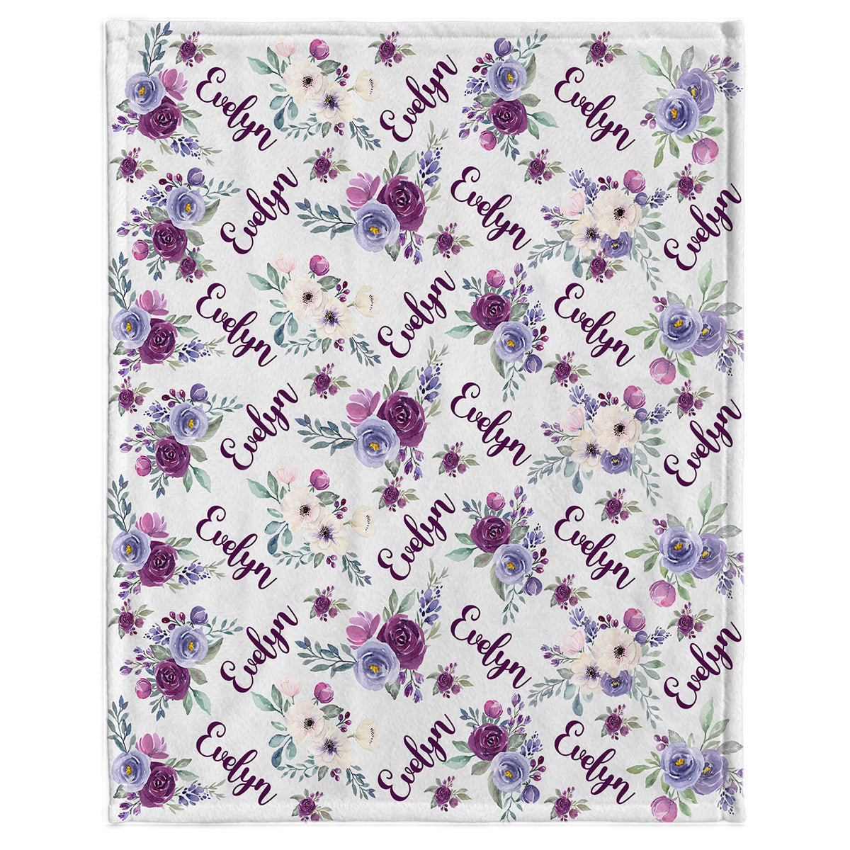 Couverture personnalisée pour nouveau-né avec nom et fleurs violettes