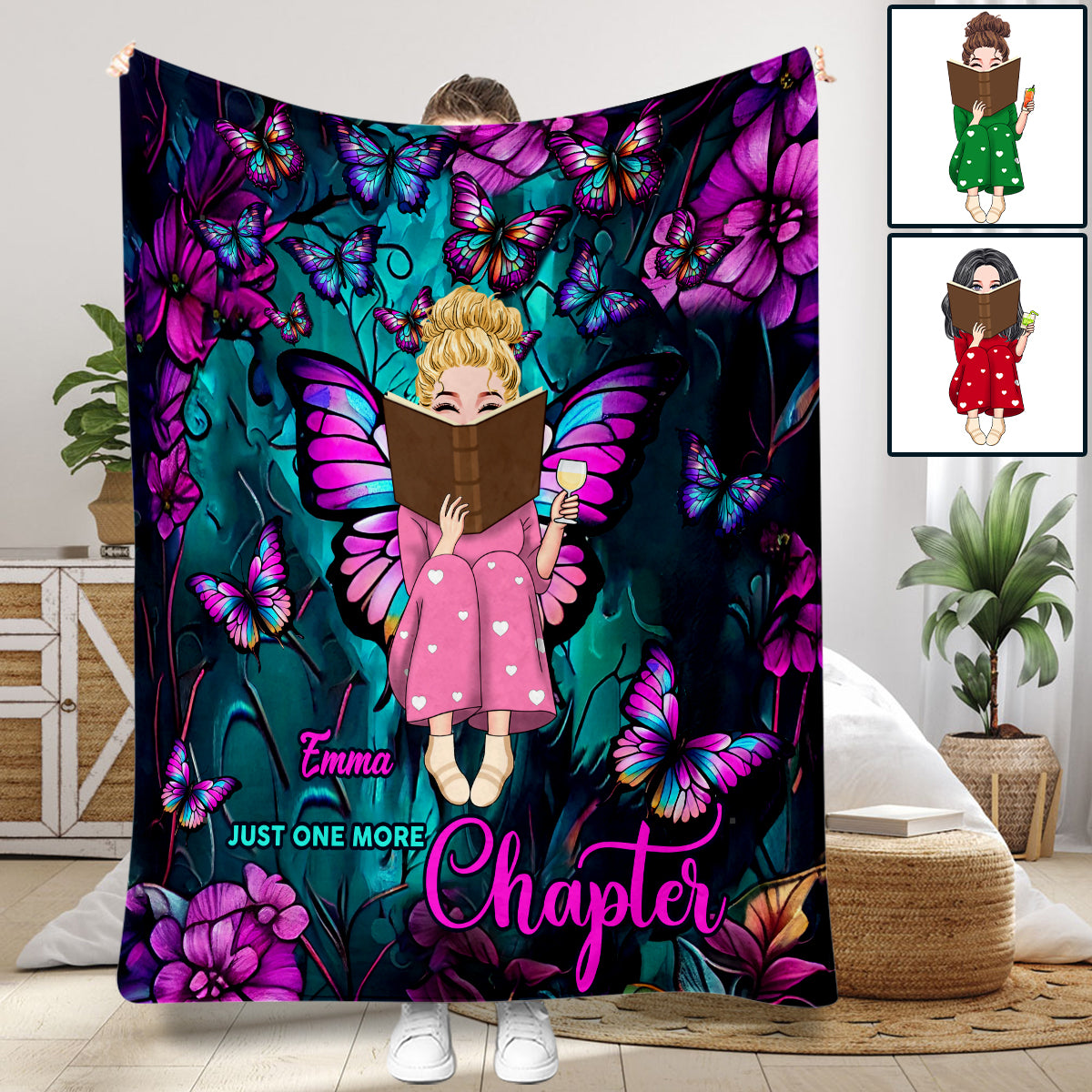 Book Girl With Butterflies And Flowers - Personalized Book Blanket