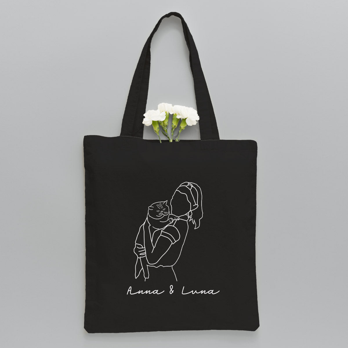 Individuelle Foto-Strichzeichnung – Personalisierte Tragetasche mit Katzenstickerei