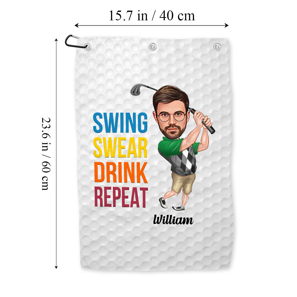 Serviette de golf personnalisée « Swing Swear Drink Repeat »