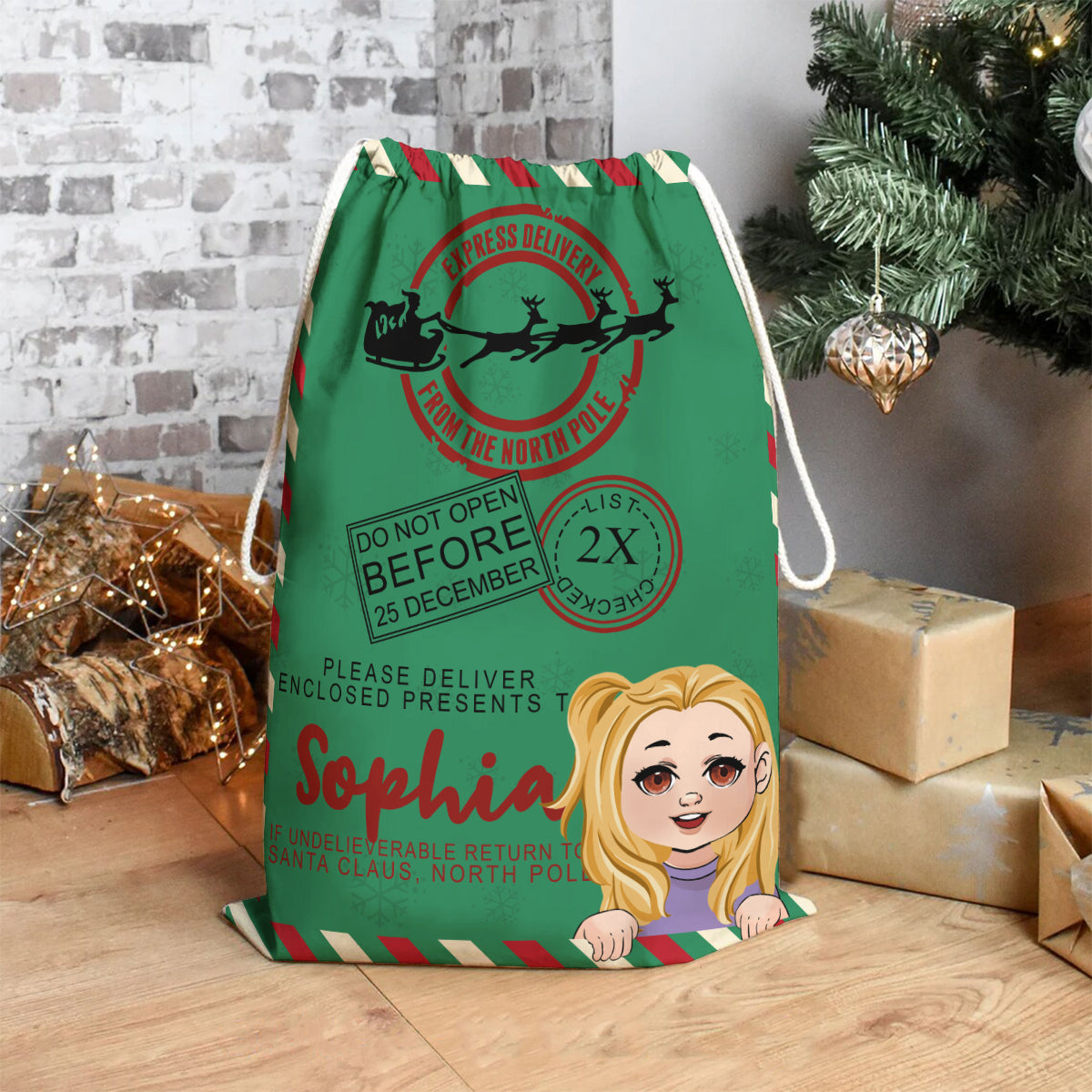 North Pole Express Santa Delivery Sack - Personalized Family Drawstring Tote Bag