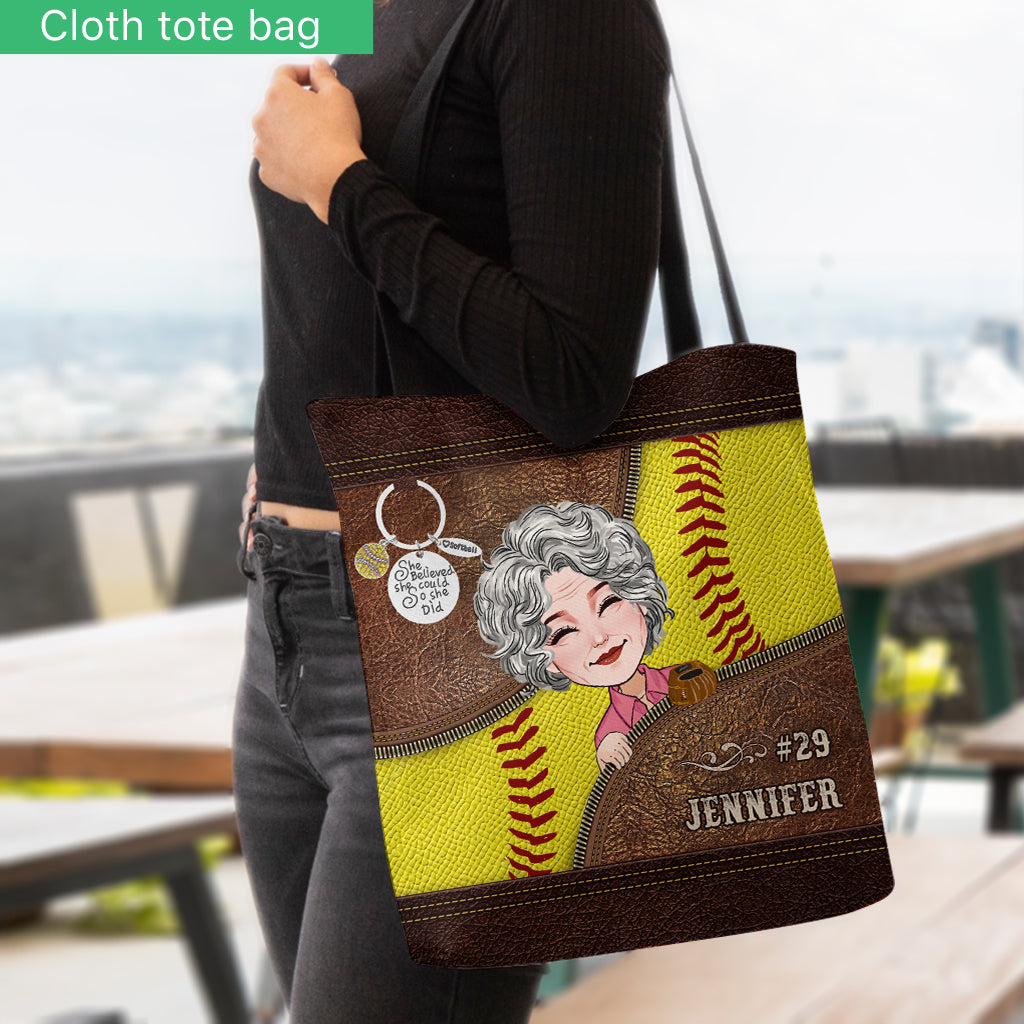 She Believed She Could So She Did - Personalized Softball Tote Bag