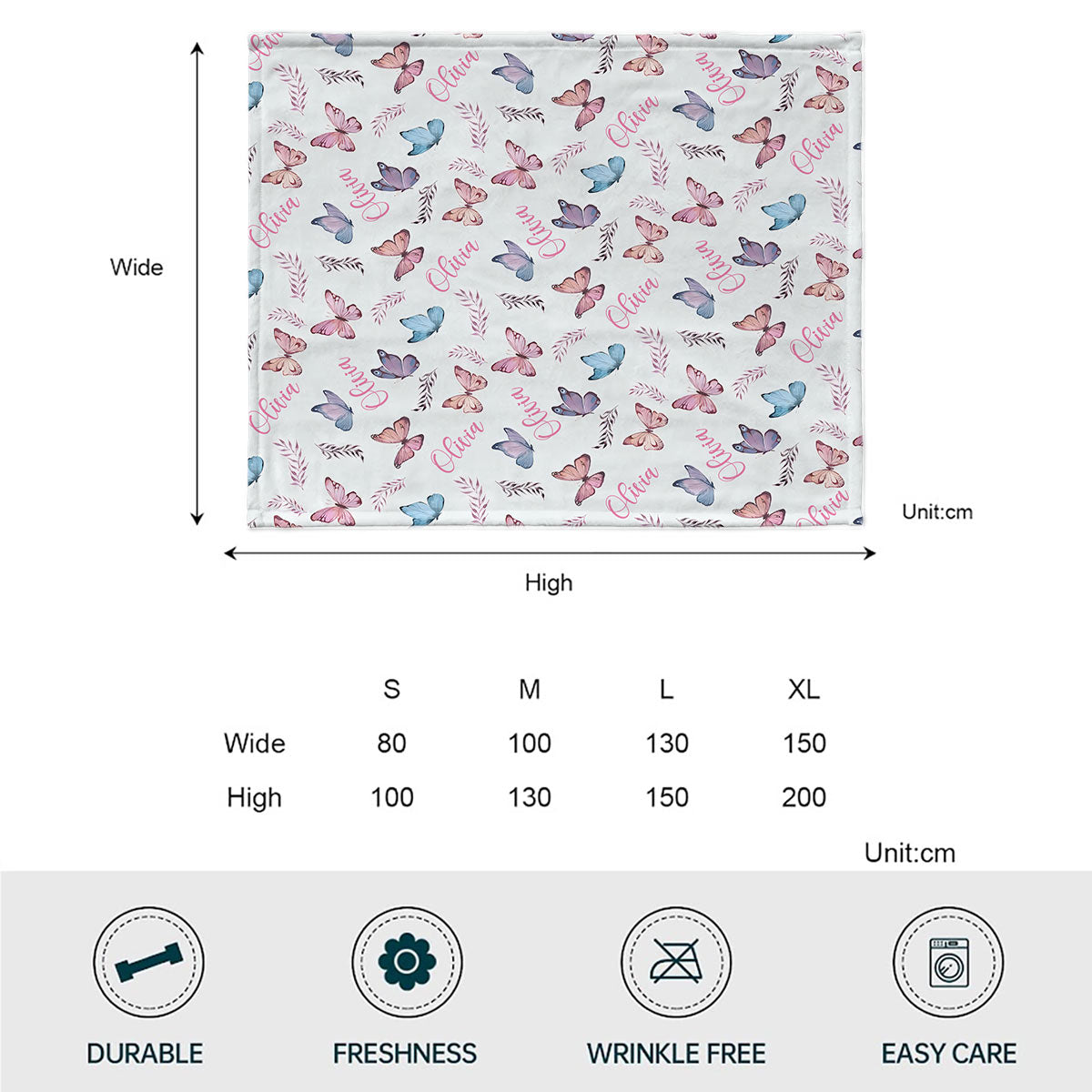 Couverture personnalisée papillon avec nom pour petite-fille